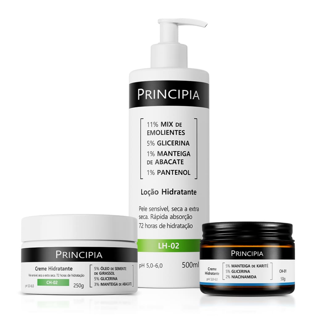 Principia Kit Trio Hidratação c/ Creme Hidratante Facial CH-01 + Loção Hidratante LH-02 500 ML + Creme Hidratante CH-02